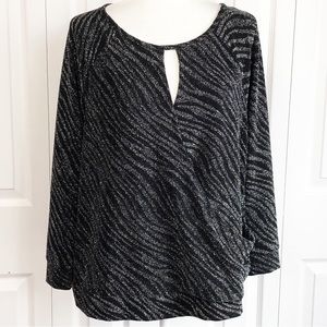 Jennifer Lopez Shiny Black & Silver Metallic Stripe Faux Wrap Blouse 0X